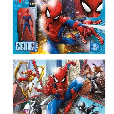 Duas imagens do Homem-Aranha com ação em cidade, figura de ação e personagens variados