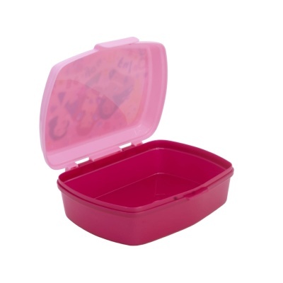 Recipiente plástico rosa com tampa translúcida aberta