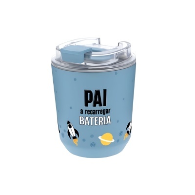 Termo azul claro com texto e ilustrações espaciais