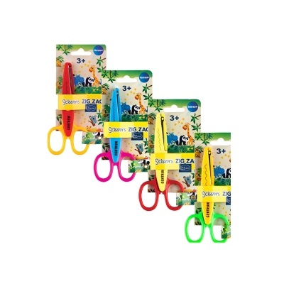 Tesouras infantis coloridas com padrão zig-zag e embalagem de tema animais