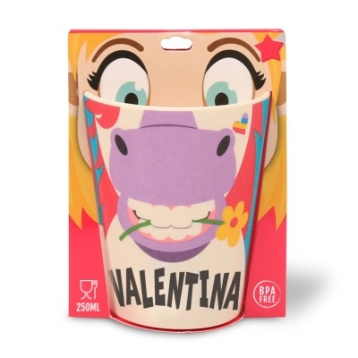copo infantil com ilustração de hipopótamo roxo e nome VALENTINA