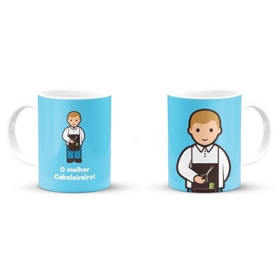 Canecas brancas com fundo azul claro e ilustração de barbeiro cartoon com texto