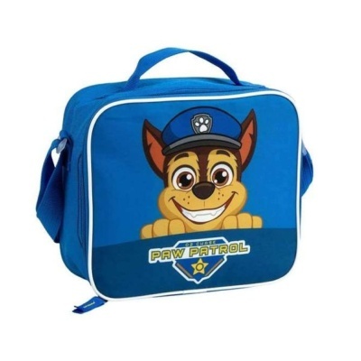 Bolsa azul com personagem Chase do PAW PATROL e texto