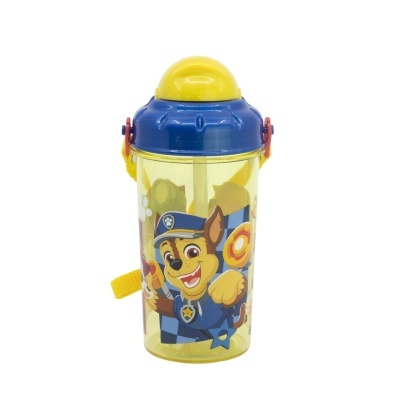 Garrafa infantil amarela e azul com desenho da Patrulha Pata