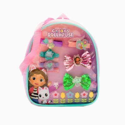 Mochila infantil transparente com itens para cabelo coloridos e personagens Gabby's Dollhouse
