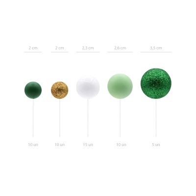 Bolas decorativas verdes, douradas com glitter e brancas em vários tamanhos com etiquetas de quantidade