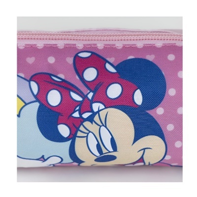 Estojo escolar rosa com figura da Minnie Mouse e padrão de bolinhas brancas.