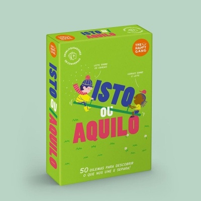 Caixa verde do jogo ISTO ou AQUILO com ilustrações coloridas