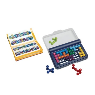 Jogo de tabuleiro portátil com peças coloridas e livro de desafios