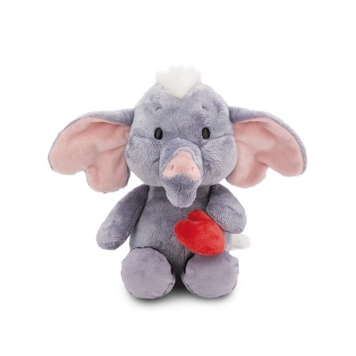 Pelúcia de elefante cinzento com coração vermelho na mão