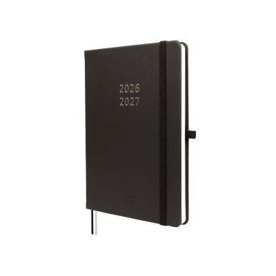 Agenda preta com capa rígida e elástico fechando