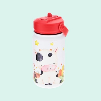 Garrafa infantil branca com tampa vermelha e estampa de vaca sorridente