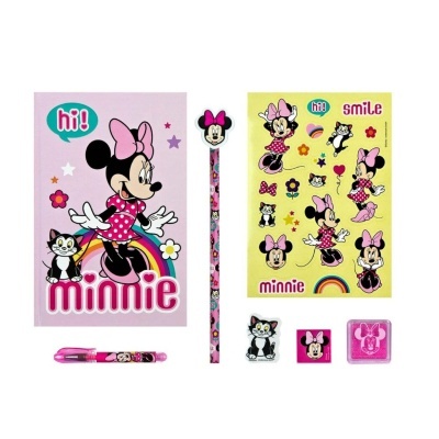 Material escolar da Minnie com caderno, lápis, caneta, borrachas e autocolantes coloridos
