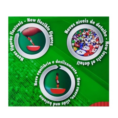 Embalagem verde com imagens de bonecos flexíveis vermelhos e brancos e texto bilingue sobre características.