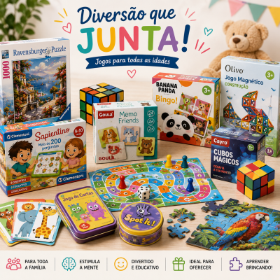 Jogos e brinquedos educativos variados sobre uma mesa de madeira com ursinho de peluche ao fundo