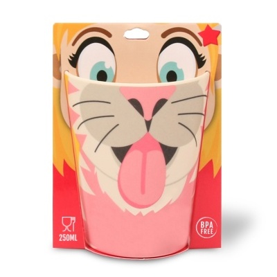 Copo reutilizável de 250ml com rosto de leão em rosa e bege