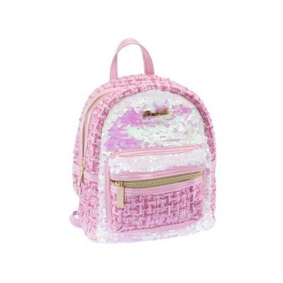 Mochila pequena rosa com paetês brancos e detalhes dourados