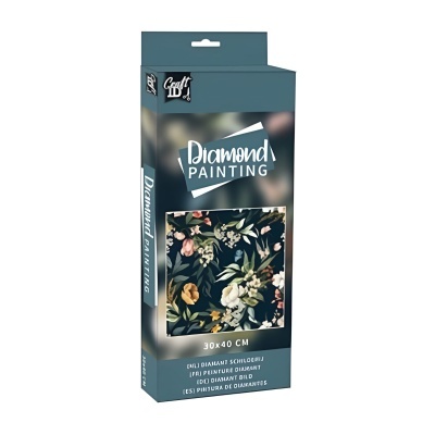 Embalagem para kit de Diamond Painting com padrão floral e texto branco.