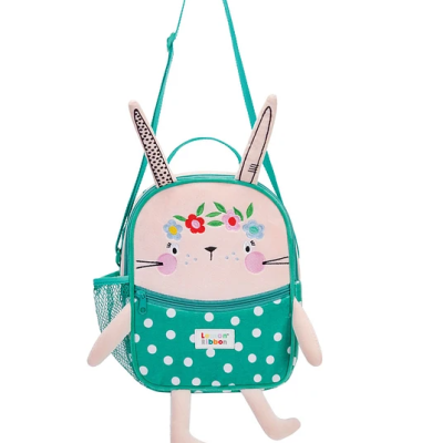 Mochila infantil coelho turquesa com bolinhas e flores