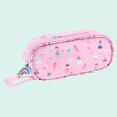 Estojo cor-de-rosa com padrão de bailarinas, arco-íris e balões, fecho com puxador de arco-íris e alça lateral