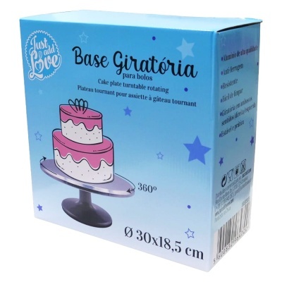 Embalagem azul com base giratória para bolos e ilustração de bolo cor-de-rosa e branco.