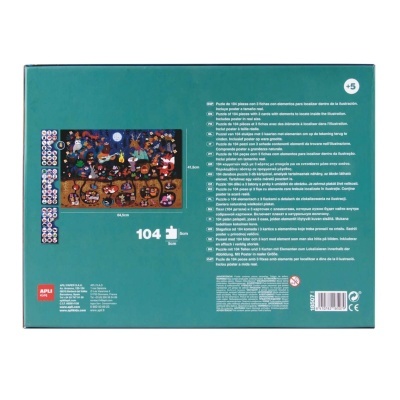 Embalagem verde de puzzle 104 peças Apli Kids com texto em várias línguas no verso