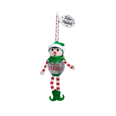 Boneco de Natal colorido em tecido com texto 'Feliz Natal' em círculo acima