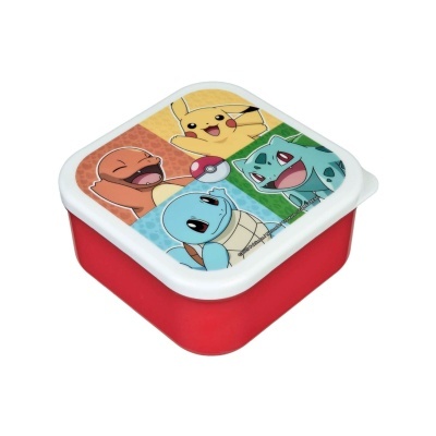 Recipiente vermelho com tampa branca e imagem Pokémon