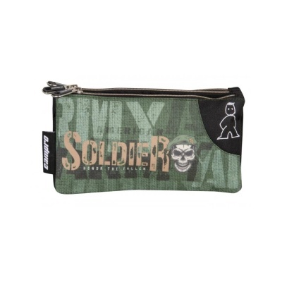Estojo escolar Campro verde camuflado com texto soldado e caveira