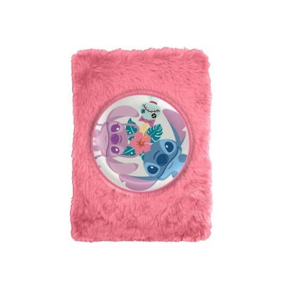 Caderno rosa felpudo com imagem colorida de personagens Stitch e Angel