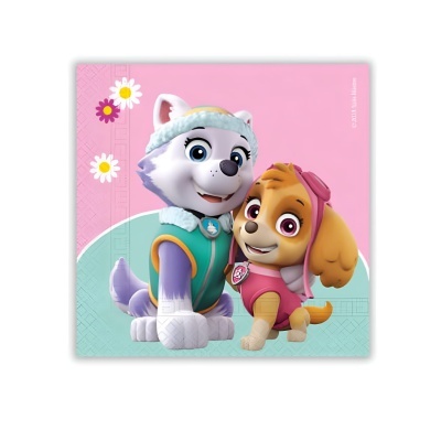 Guardanapo rosa e azul claro com duas personagens caninas animadas e flores