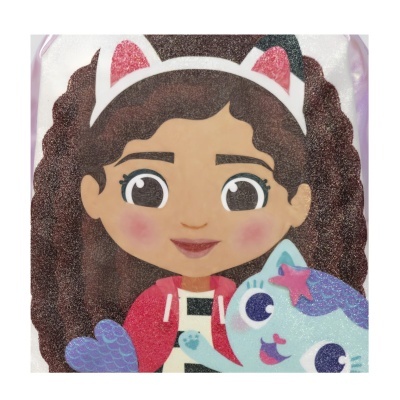 Ilustração brilhante de personagem feminina com cabelo encaracolado e gato azul com estrela rosa