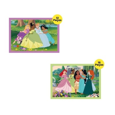 Dois puzzles com princesas da Disney em cenários naturais, um com 12 peças e moldura roxa, outro com 16 peças e moldura verde.