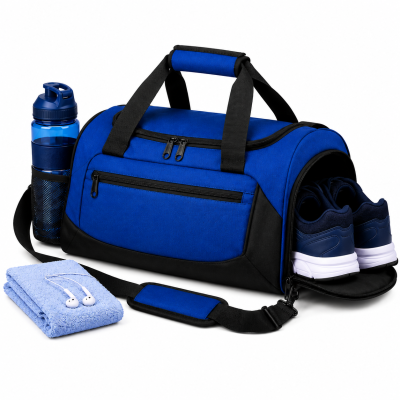 Mala desportiva azul e preta com acessórios de treino