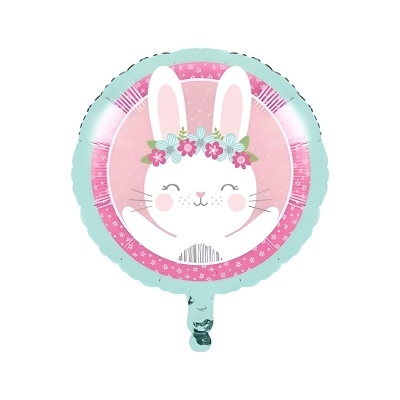 Balão redondo com desenho de coelho branco com coroa de flores