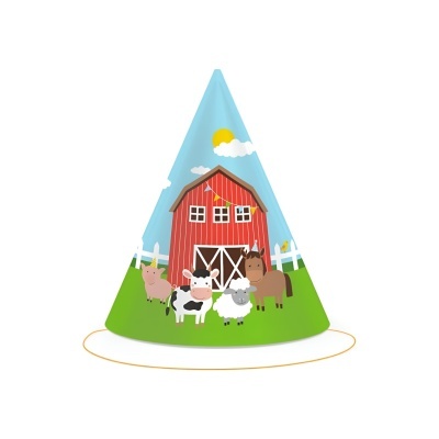 Chapéu de aniversário cone com desenho de quinta e animais