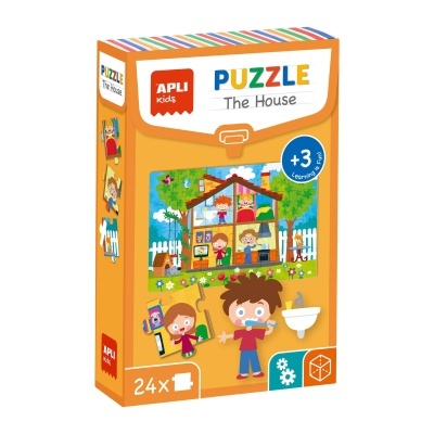 Caixa de puzzle para crianças com tema casa e peças coloridas