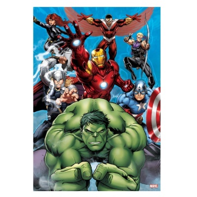Poster de personagens Marvel incluindo Hulk, Capitão América, Homem de Ferro, Thor, Viúva Negra, Gavião Arqueiro e Águia Vermelha