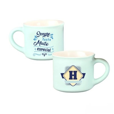 Conjunto de duas canecas de cerâmica verde água com frases e emblema