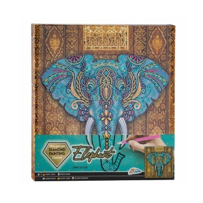 Conjunto para pintura diamante com imagem decorativa de elefante azul sobre fundo castanho ornamental.
