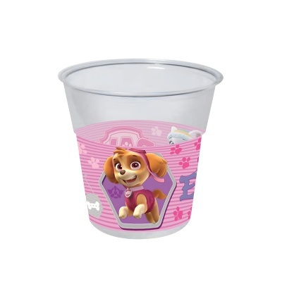 Copo infantil transparente com faixa decorativa rosa e personagem canino