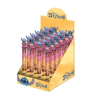 Expositor amarelo com canetas decoradas com Stitch da Disney