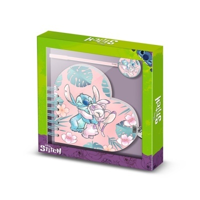 Bloco de notas coração rosa com Stitch e Angel em embalagem verde e roxa