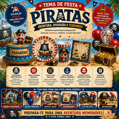 Festa temática de piratas com bolo, prato, copo, guardanapos, baú com moedas, balões e decoração de praia
