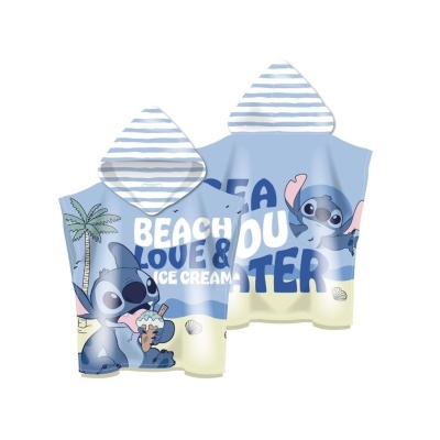 Poncho de praia azul com personagem e texto BEACH LOVE & ICE CREAM