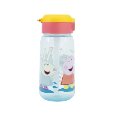 Garrafa infantil com personagens animados coloridos e tampa amarela e vermelha