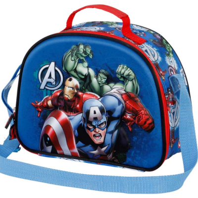 Mala térmica azul com personagens dos Vingadores e alça ajustável