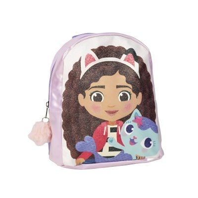 Mochila infantil cor-de-rosa com desenho de menina e animal azul com cauda de sereia