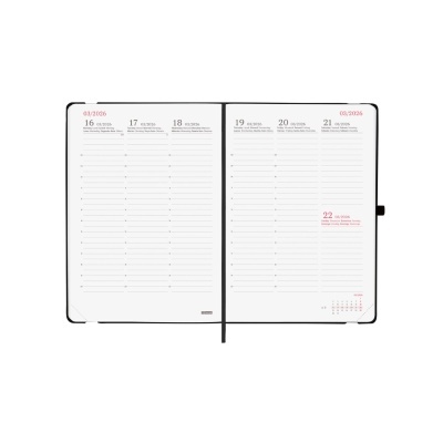 Agenda diária aberta com datas e texto em português sobre fundo branco