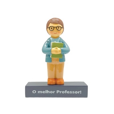 Figura decorativa de professor com óculos sorridente e base com texto